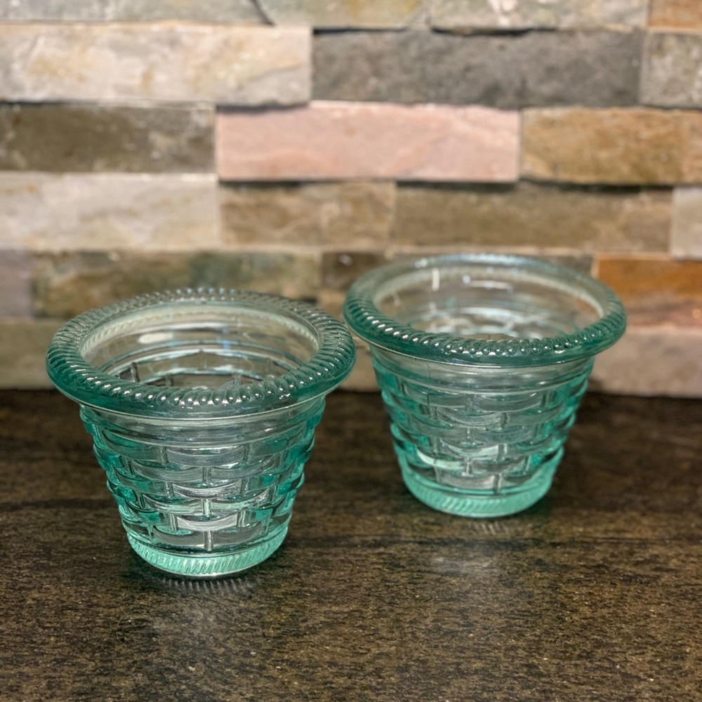 RECYCLED GREEN GLASS | Set of 2 | Basket Weave Candle Holders